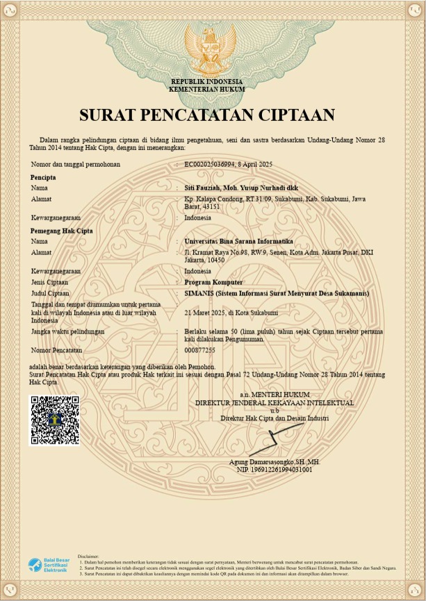 Surat pencatatan SIMANIS (Sistem Informasi Surat Menyurat Desa Sukamanis